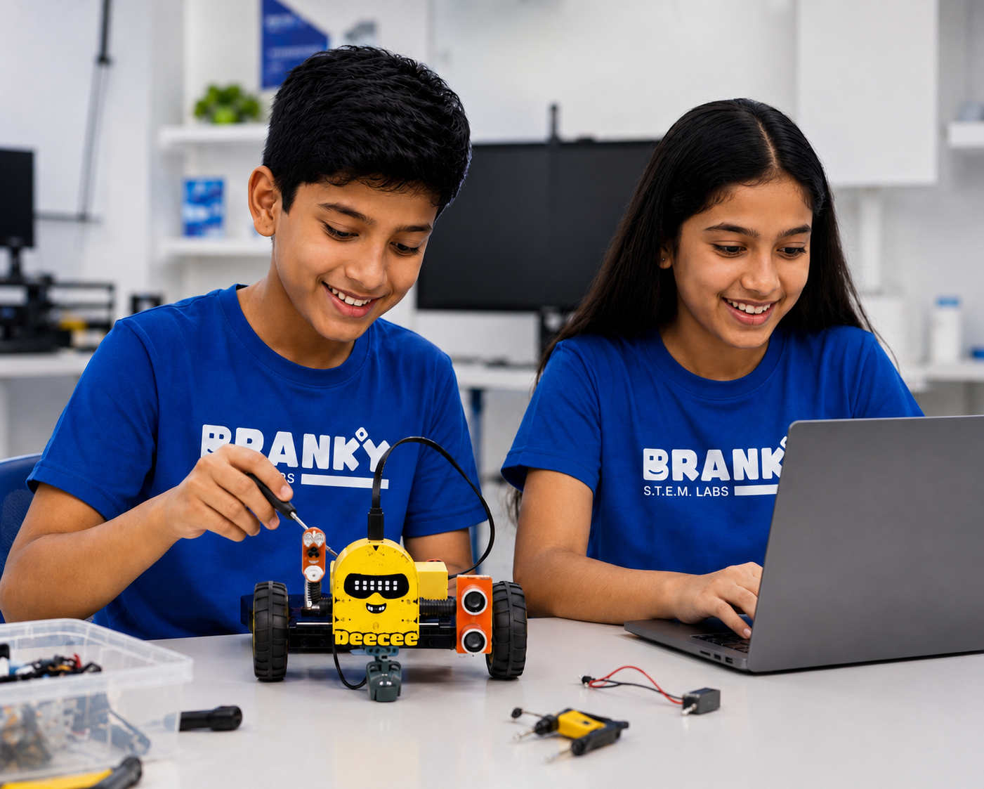 Teenager building and coding a robotics project at Branky STEM Labs Vadodara
